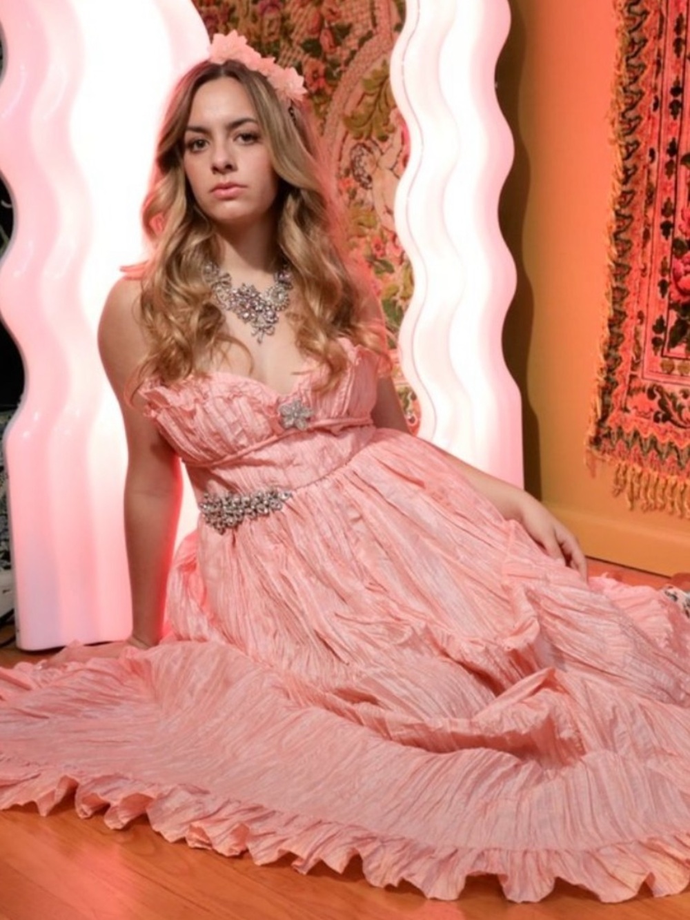 LoveShackFancy Katrina Sunrise Sorbet Ruffle Pleated Crinkle Maxi Dress size 8 - Picture 5 of 10